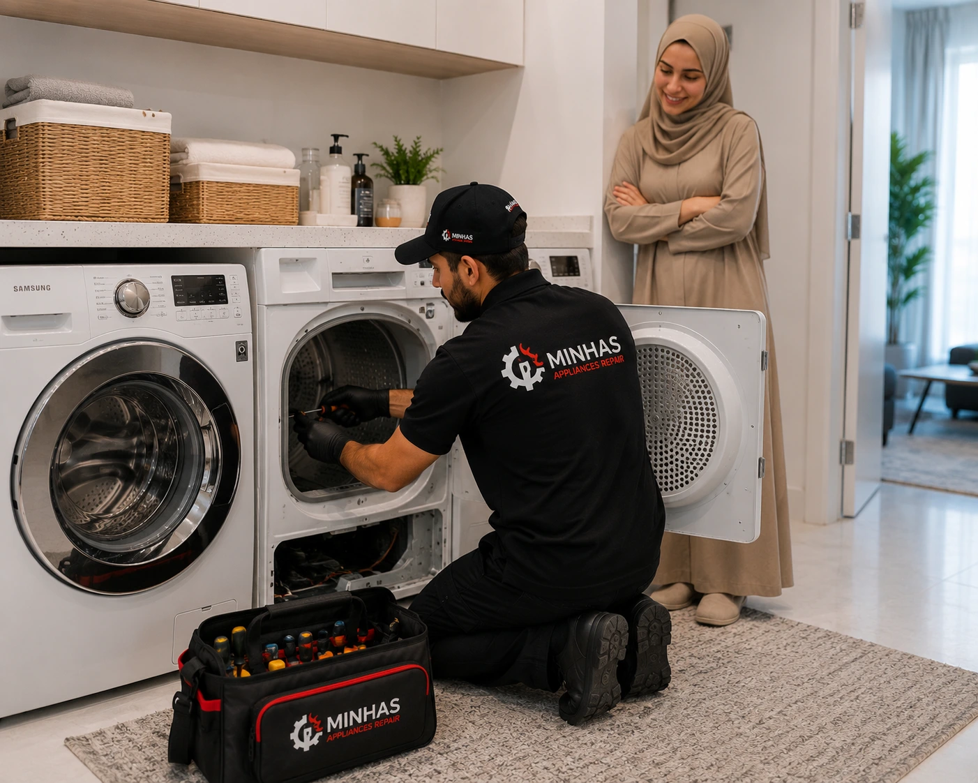 Professional dryer repair technician servicing a clothes dryer in Abu Dhabi