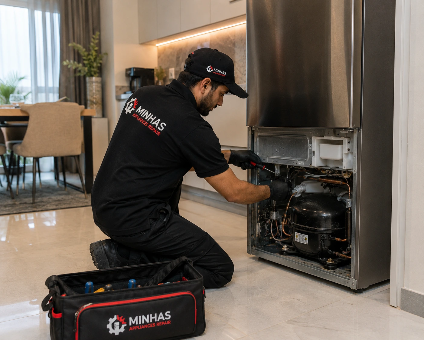 Professional fridge repair technician servicing a refrigerator in Abu Dhabi
