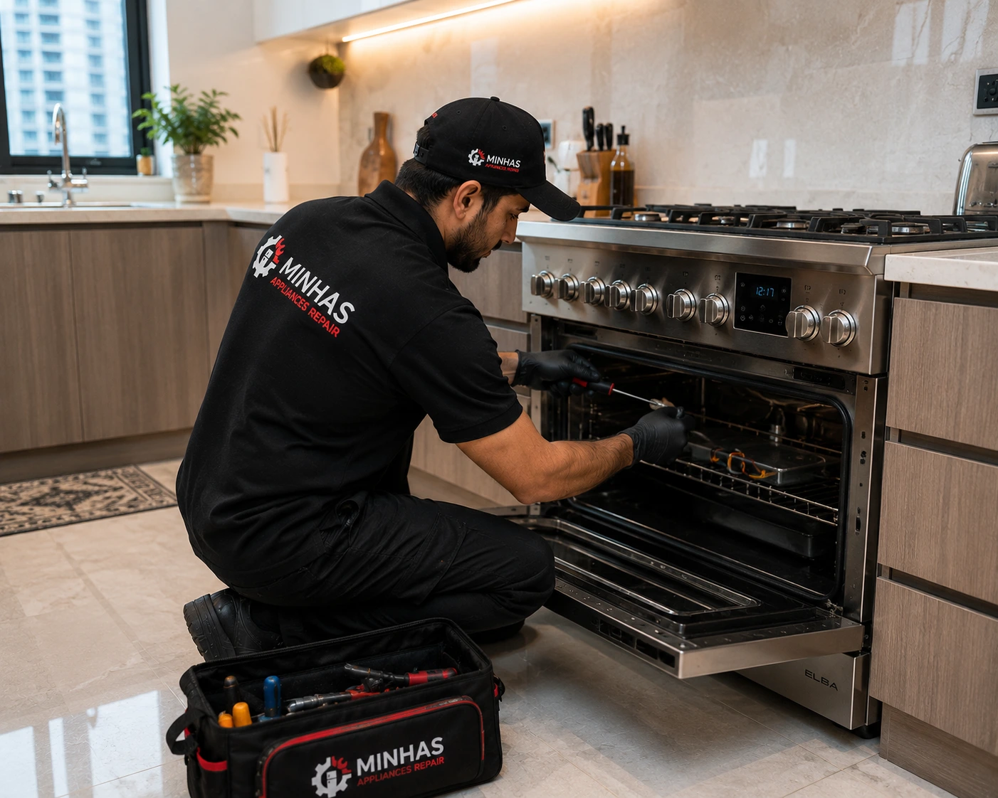 Professional cooking range repair technician servicing a gas cooking range in Abu Dhabi