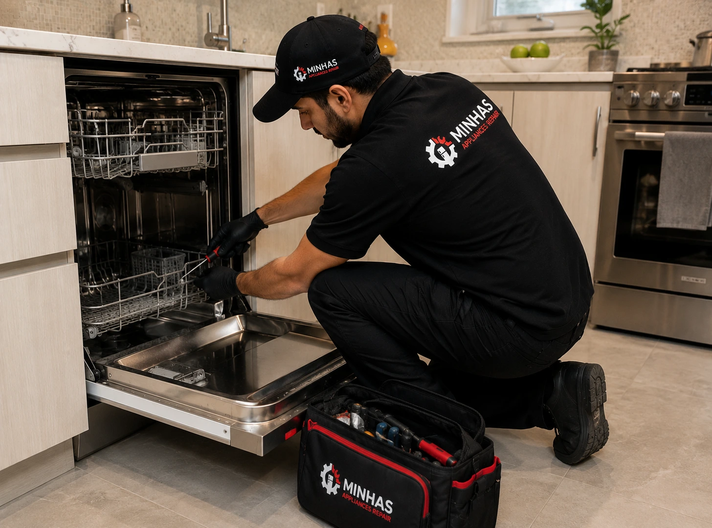 Professional dishwasher repair technician servicing a built-in dishwasher in Abu Dhabi