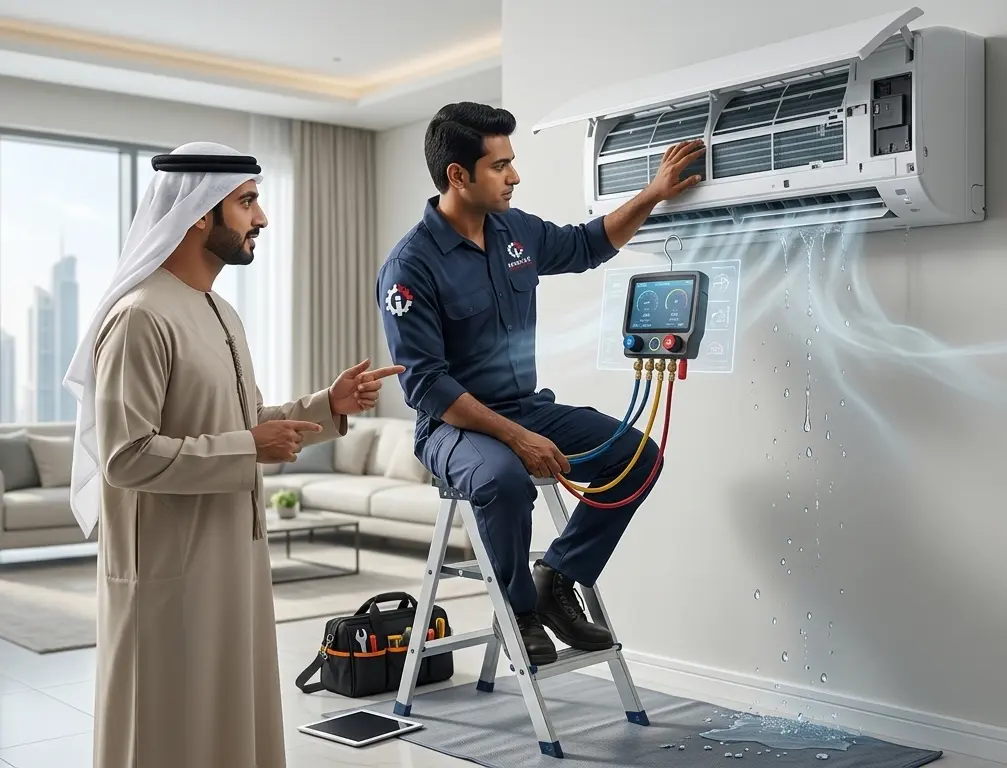 AC repair technician inspecting an air conditioner in Abu Dhabi home