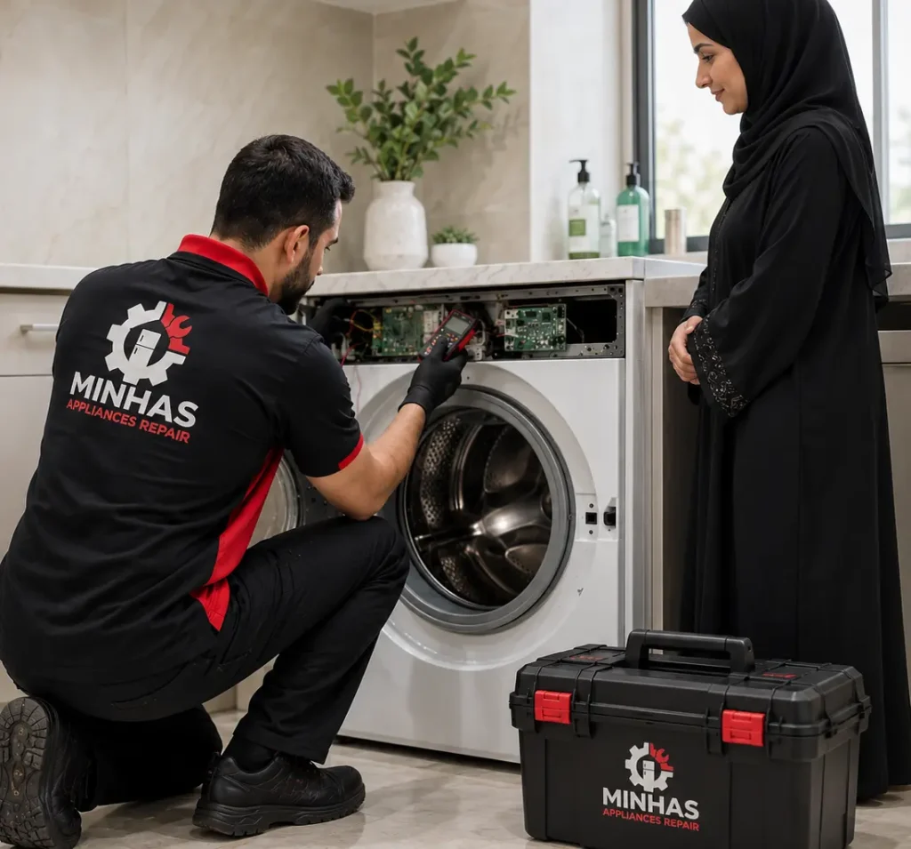Professional washing machine repair technician servicing a washer in Abu Dhabi