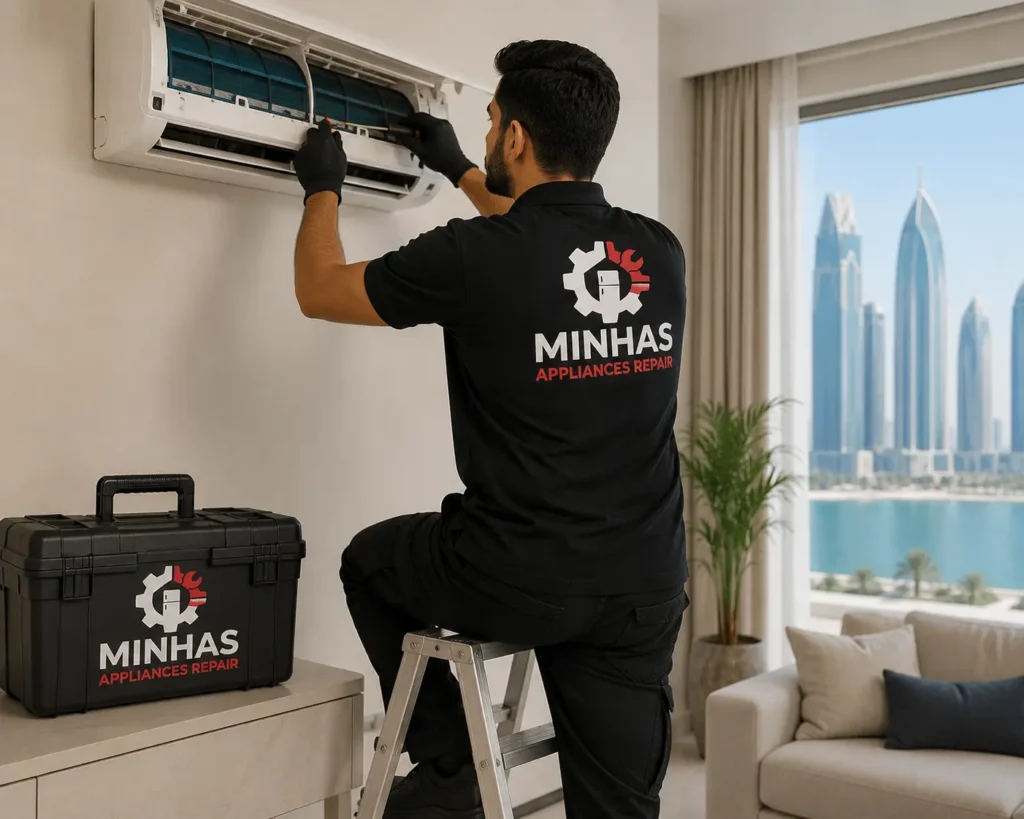 AC blowing hot air - frustrated homeowner checking thermostat in Abu Dhabi home