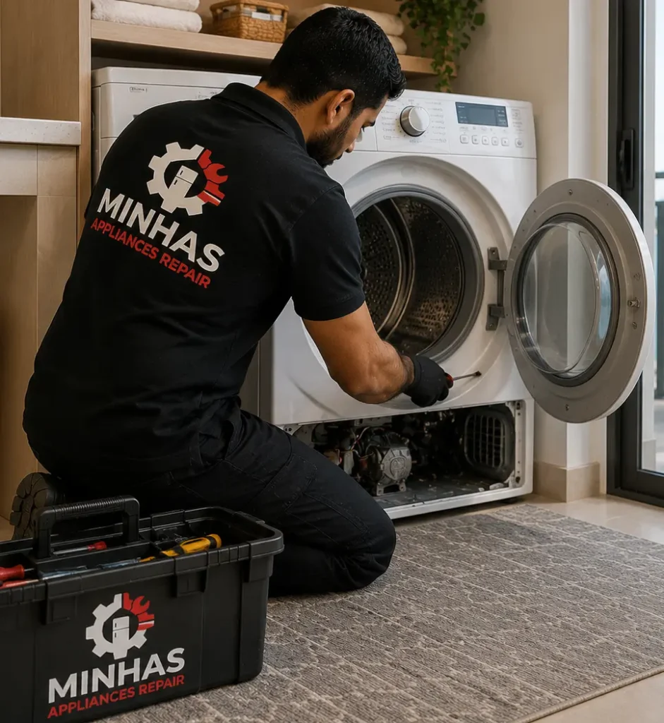 Dryer not drying clothes properly - damp laundry inside dryer drum in Abu Dhabi home