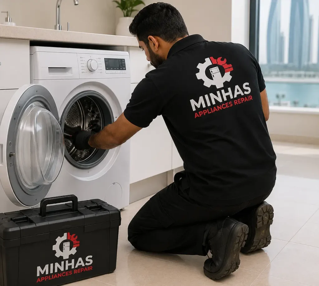 Washing machine not starting - frustrated homeowner pressing start button with no response in Abu Dhabi laundry room